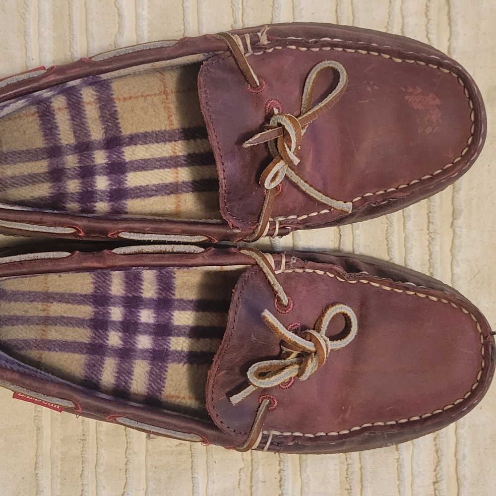 LL Bean Leather Flannel-Lined Handsewn Moc Slippers in Plum